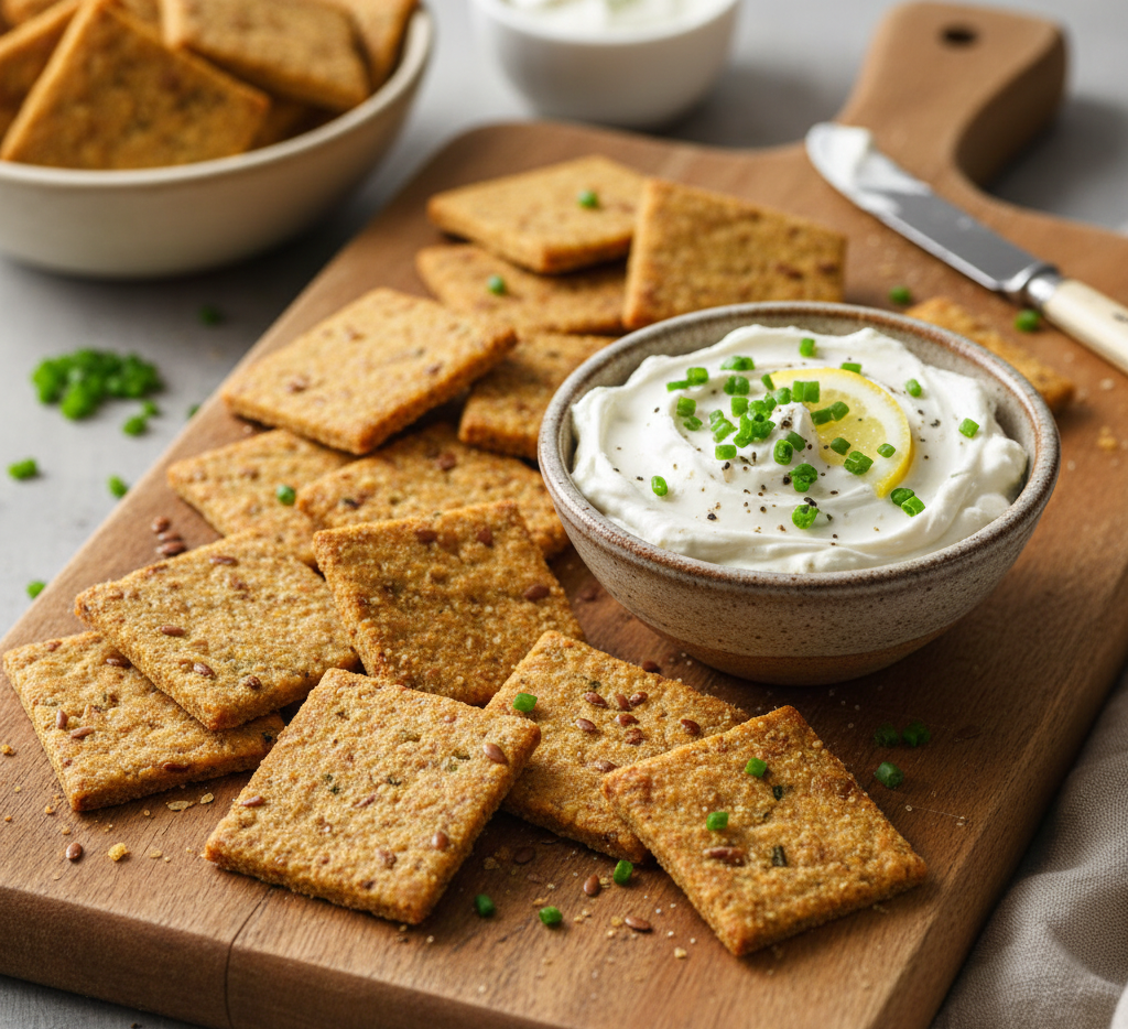 Seed crackers with whipped ricotta dip, chives and lemon — low-carb snack from the free 7-day meal plan